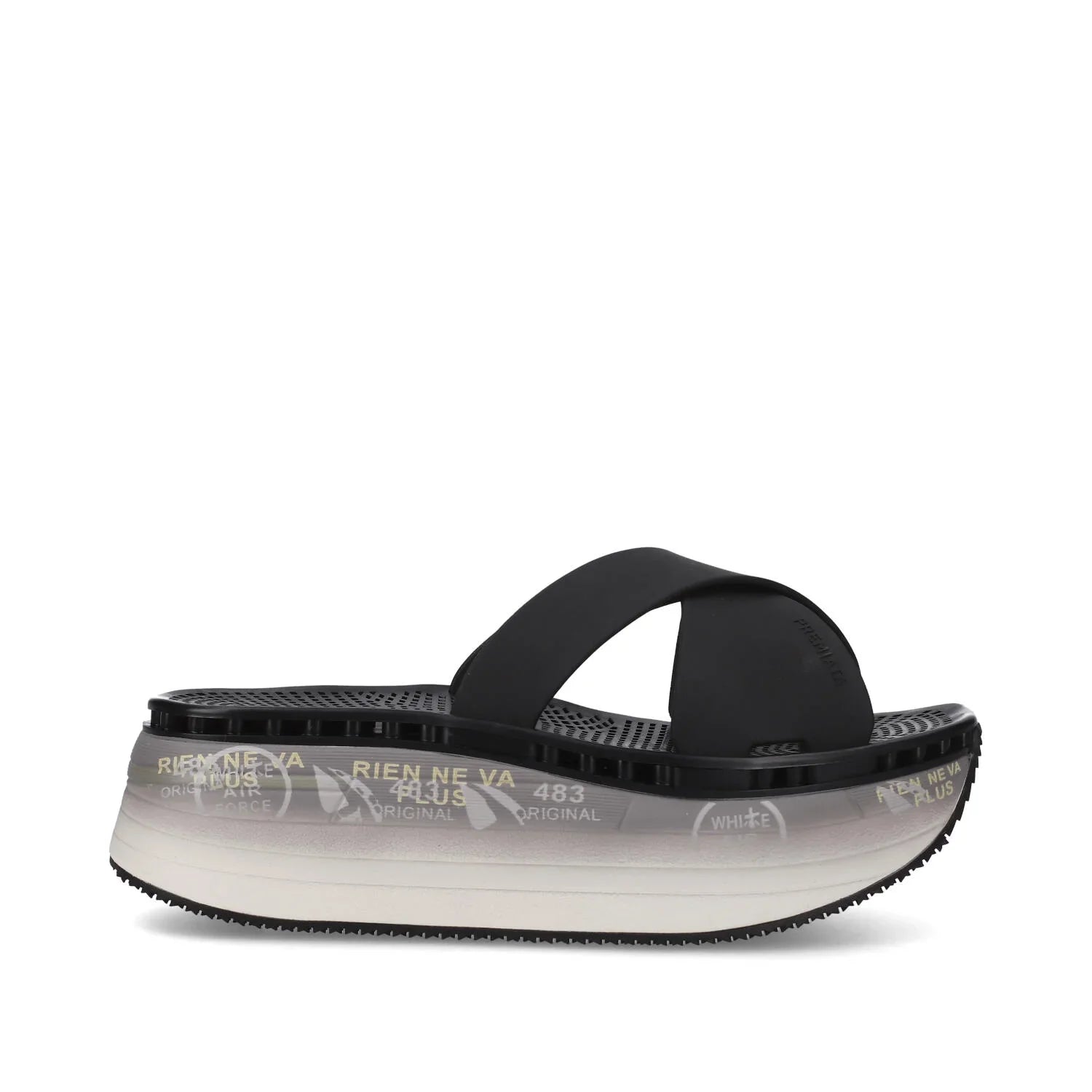 Sandalo platform donna nero con suola alta stampata, stile moderno fashion