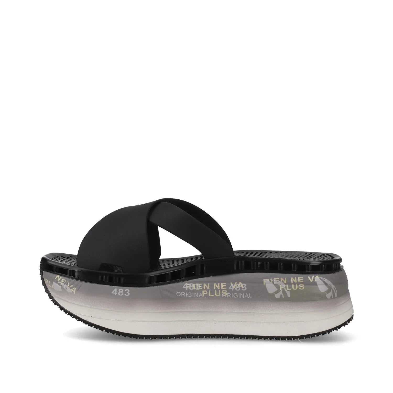 Sandalo donna platform nero con fasce incrociate e suola decorata, stile moderno e casual.