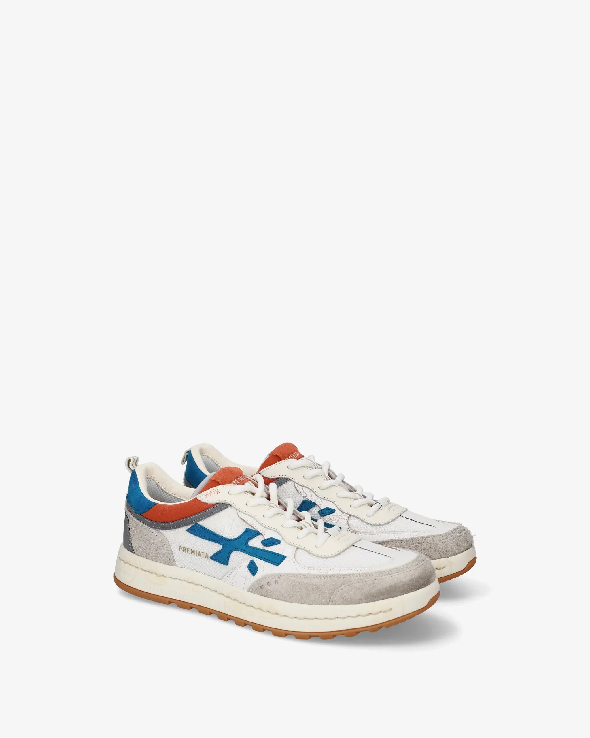 Sneakers uomo in pelle e suede bianche con dettagli blu e arancioni, suola in gomma.
