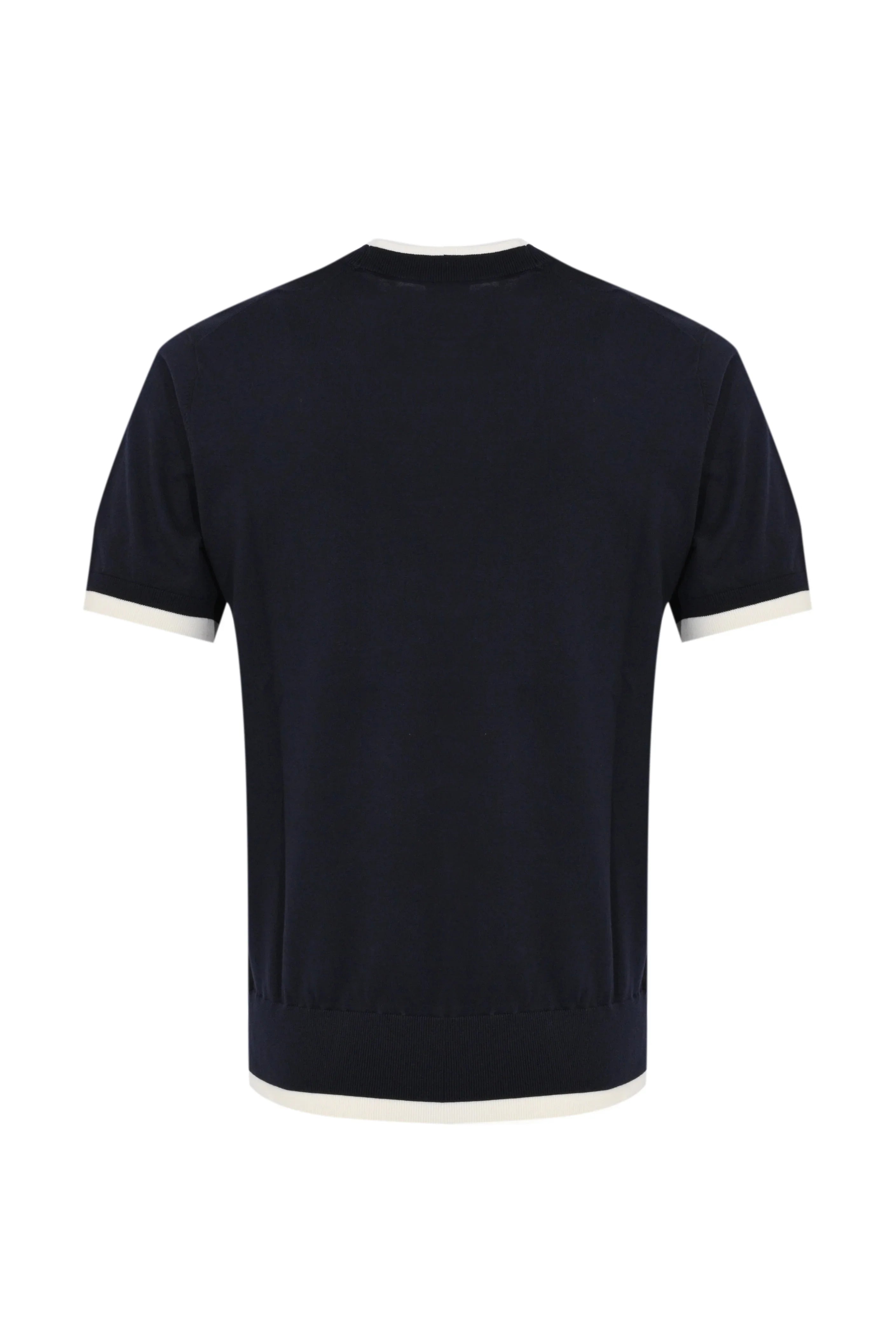 Maglia uomo blu navy maniche corte con bordi bianchi, vista retro su sfondo neutro