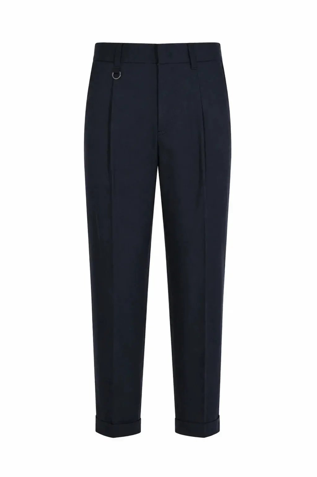 Pantaloni uomo eleganti blu scuro con pinces e risvolto, stile classico formale