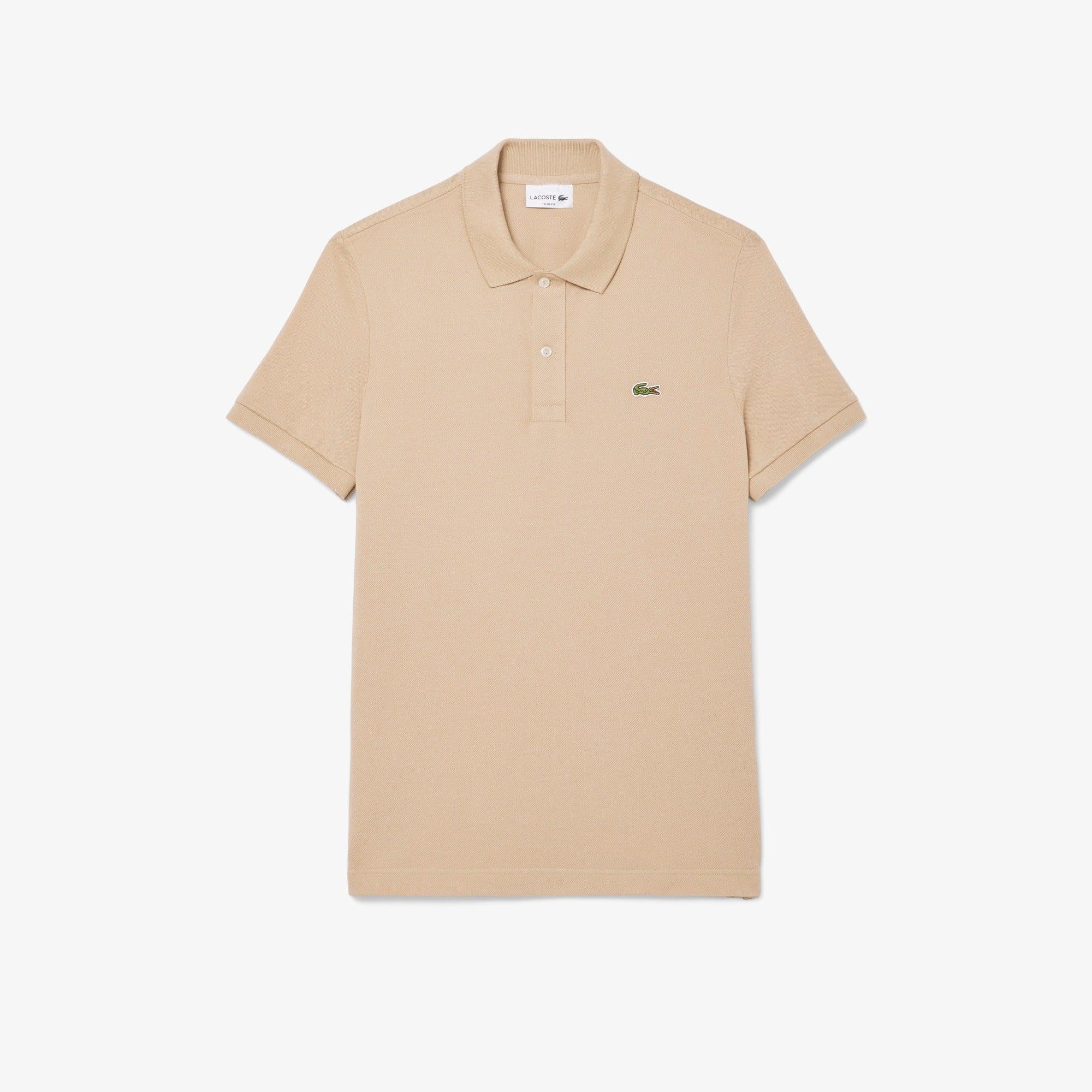 Polo uomo beige a manica corta in cotone, con logo ricamato, stile casual elegante.