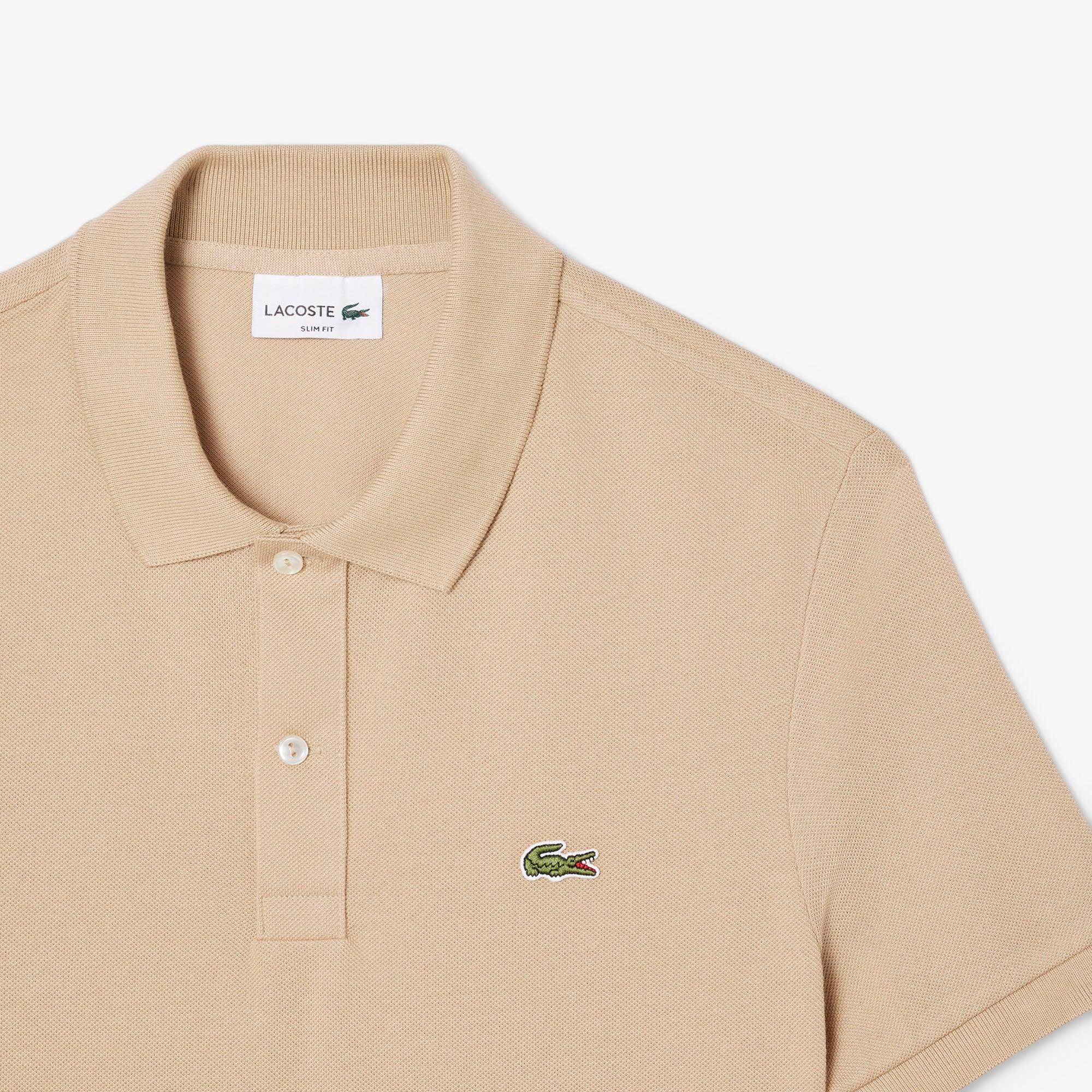 Polo uomo beige slim fit in cotone con colletto classico e logo ricamato, moda primavera estate