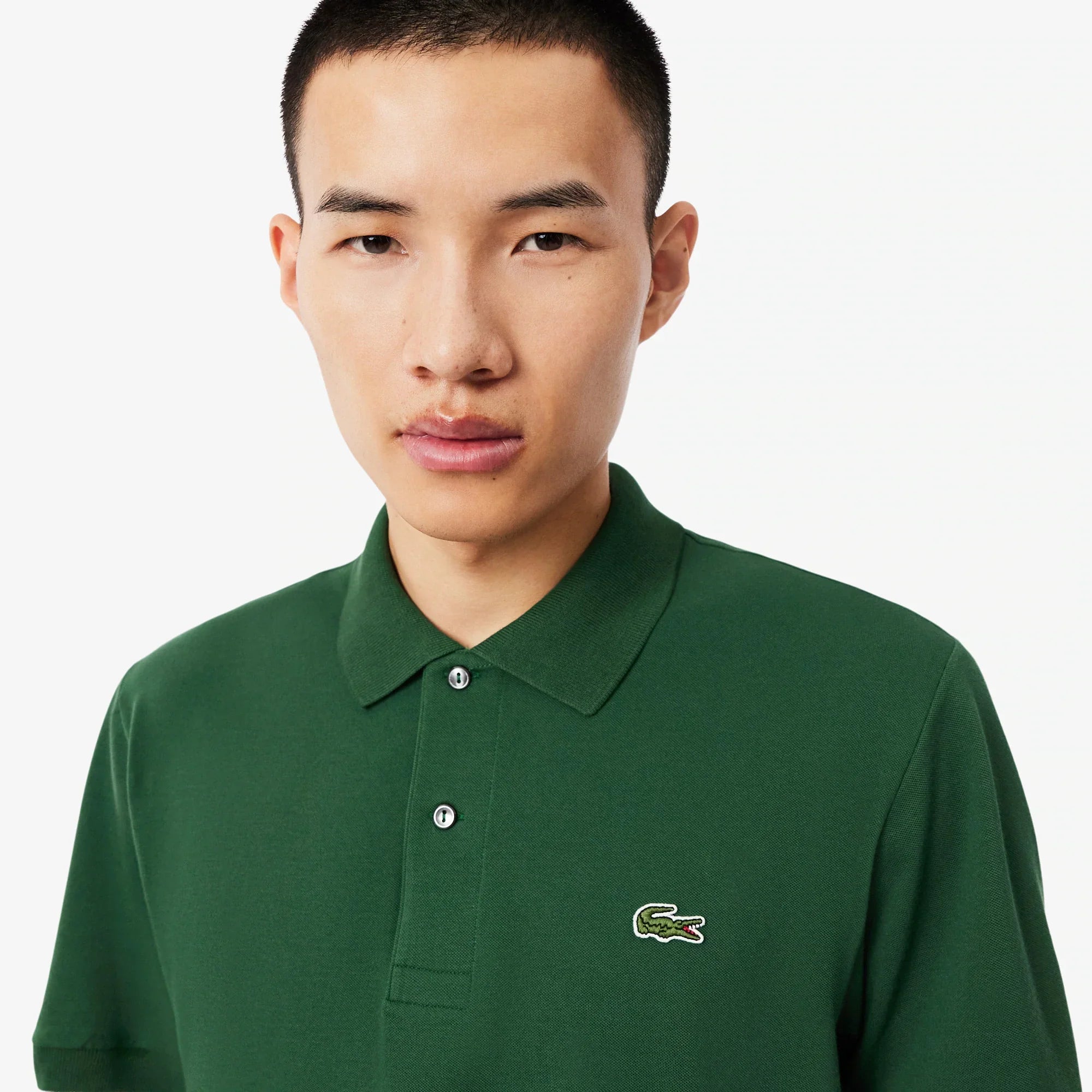 Uomo con polo verde a maniche corte, logo ricamato, moda abbigliamento uomo