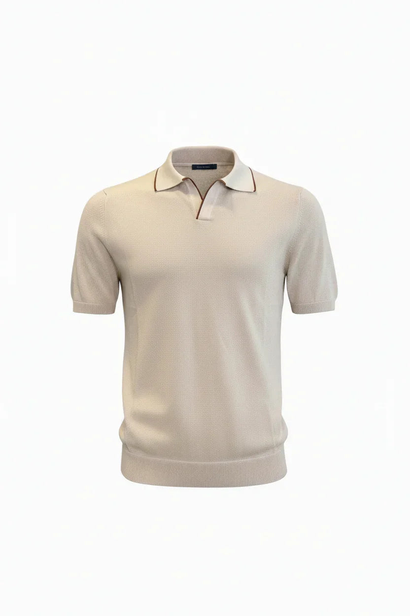 Polo uomo beige a manica corta con colletto classico e profili marroni, abbigliamento elegante