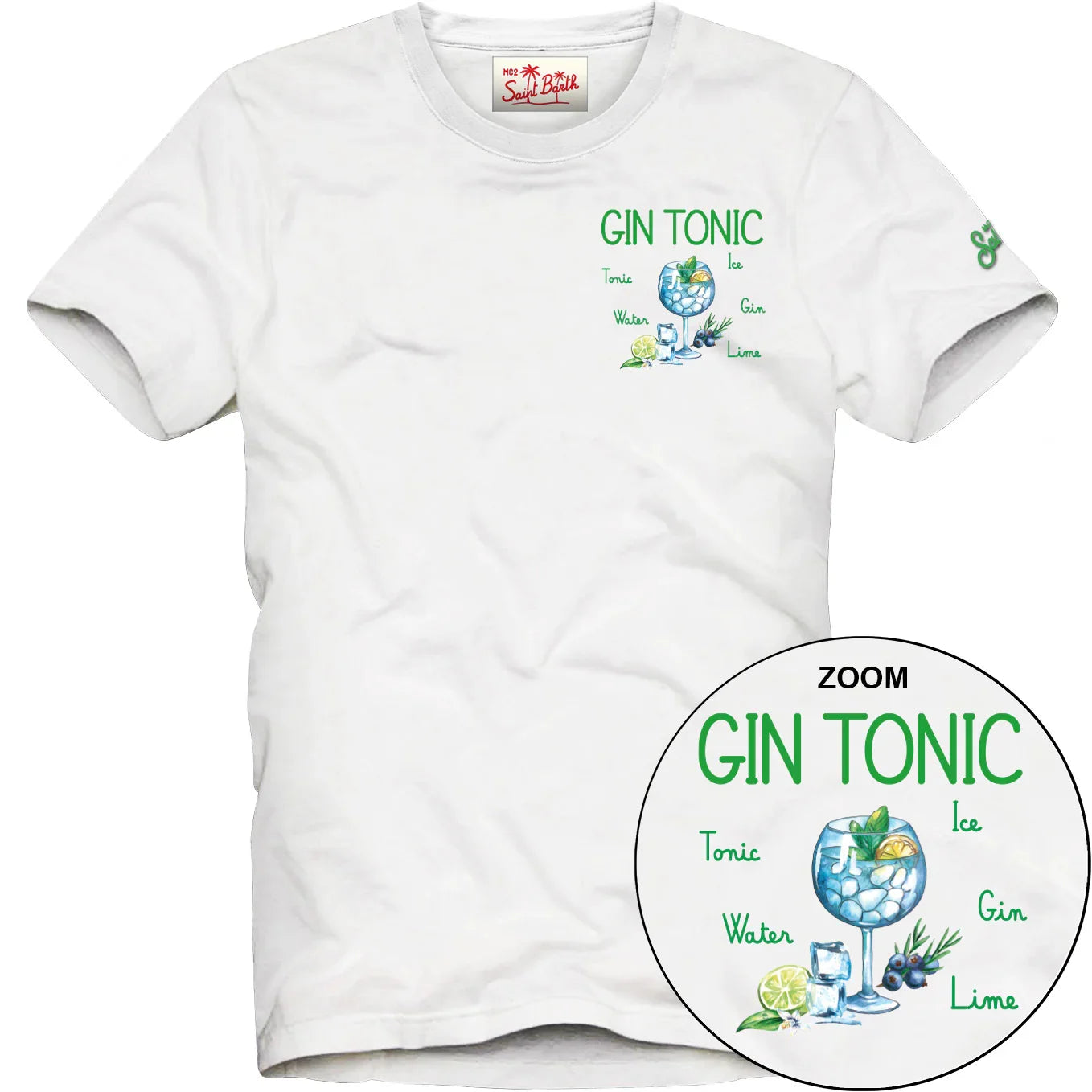 T-shirt bianca con stampa ricetta gin tonic, bicchiere, lime e botaniche, moda uomo donna.