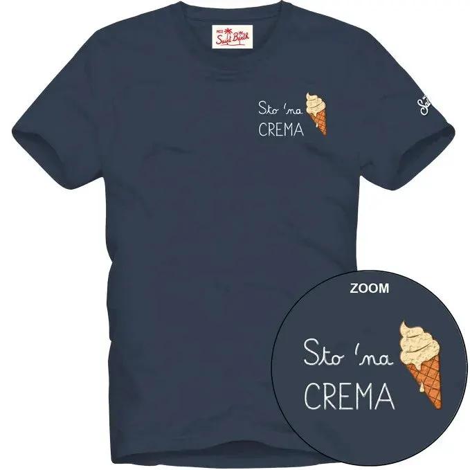 T-shirt blu uomo con stampa gelato cono e scritta Sto 'na crema, moda casual Made in Italy