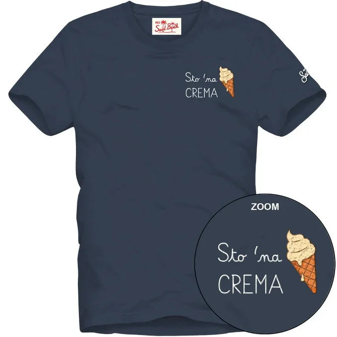 T-shirt blu uomo con stampa gelato cono e scritta Sto 'na crema, moda casual Made in Italy