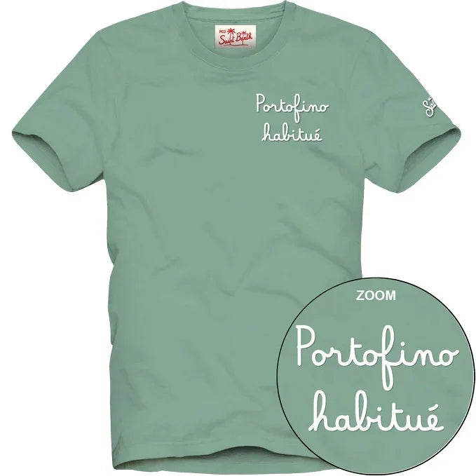 T-shirt verde acqua con scritta Portofino habitué ricamata, moda uomo donna casual
