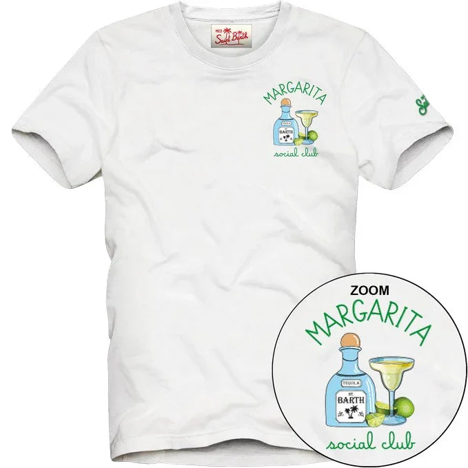 T-shirt bianca con stampa Margarita Social Club, bottiglia tequila, lime e margarita