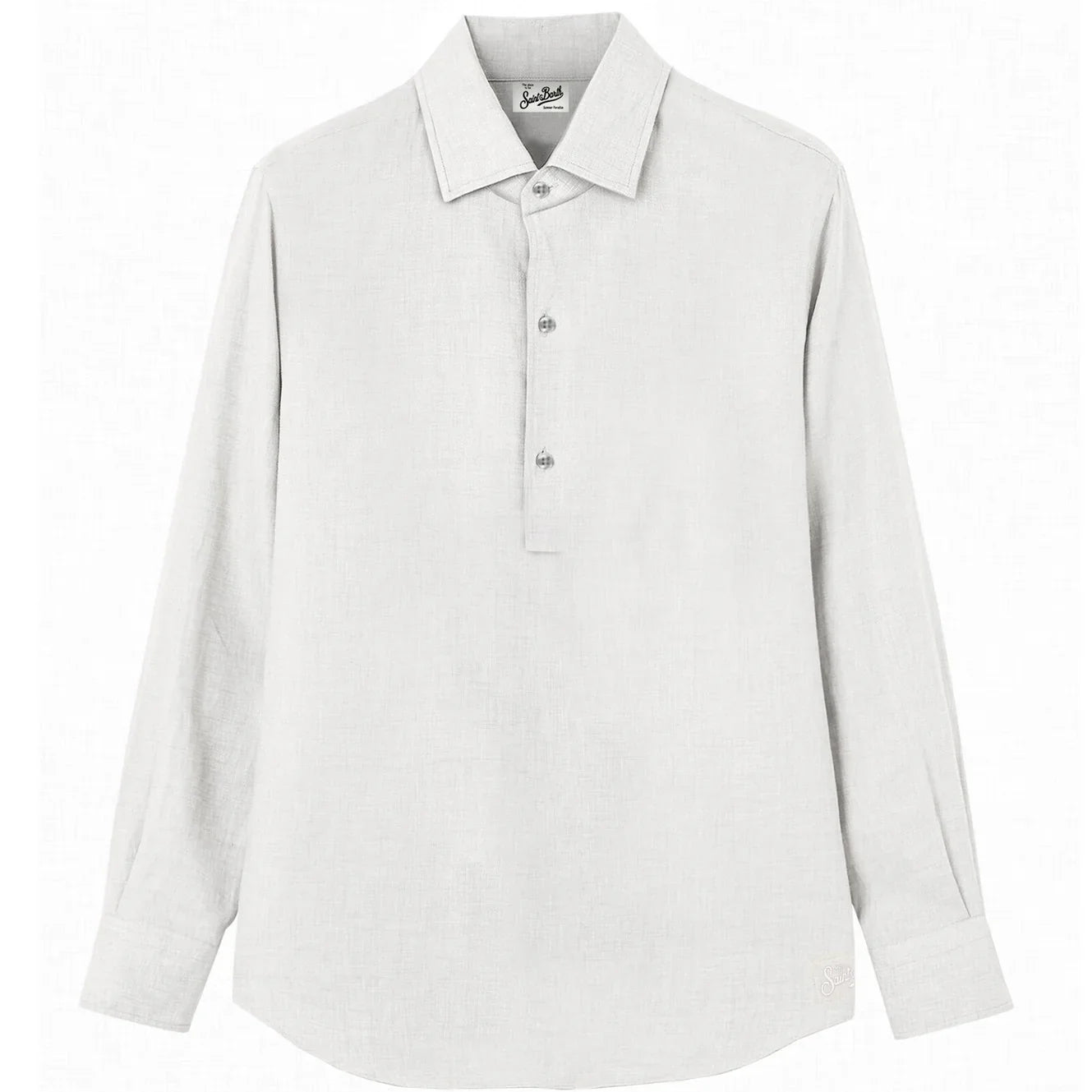 Camicia uomo lino bianco manica lunga, colletto classico e abbottonatura frontale.