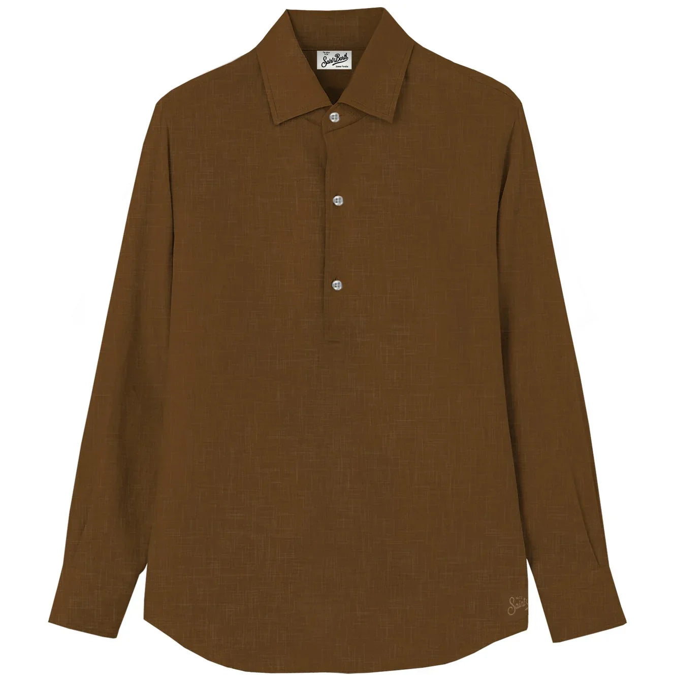 Camicia uomo in lino marrone camel, manica lunga, colletto classico, bottoni frontali.