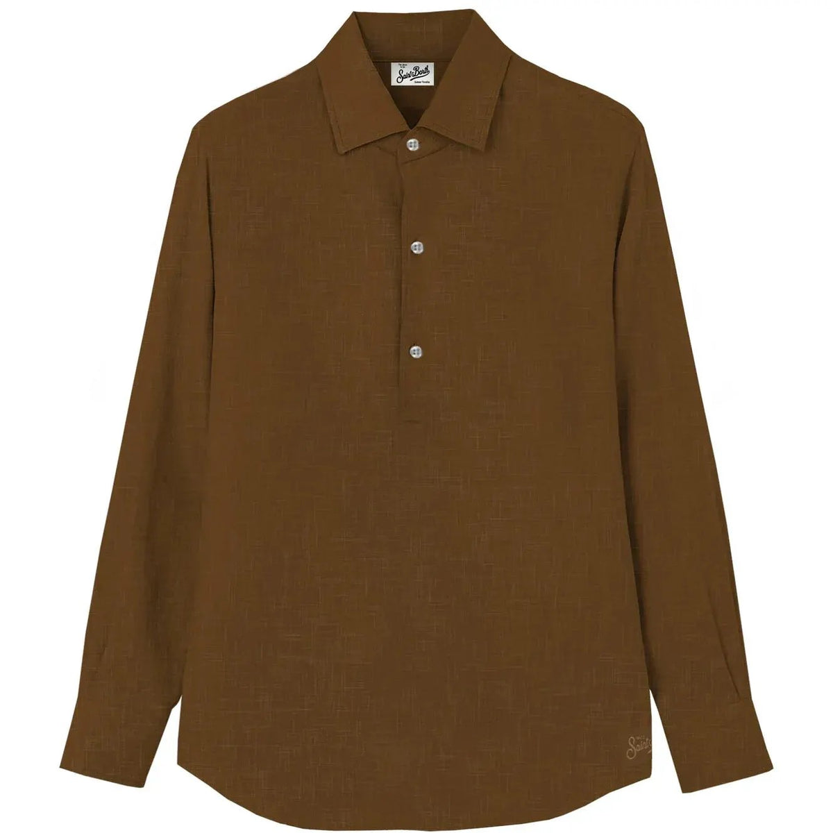 Camicia uomo in lino marrone camel, manica lunga, colletto classico, bottoni frontali.