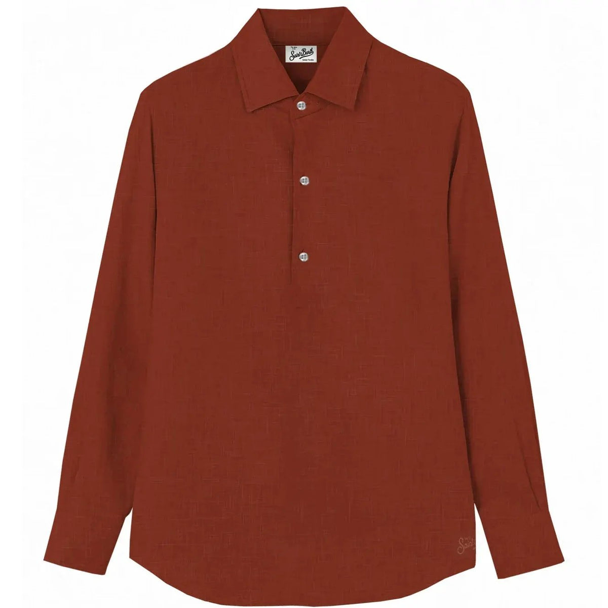 Camicia uomo lino rosso mattone, manica lunga, collo classico e tre bottoni