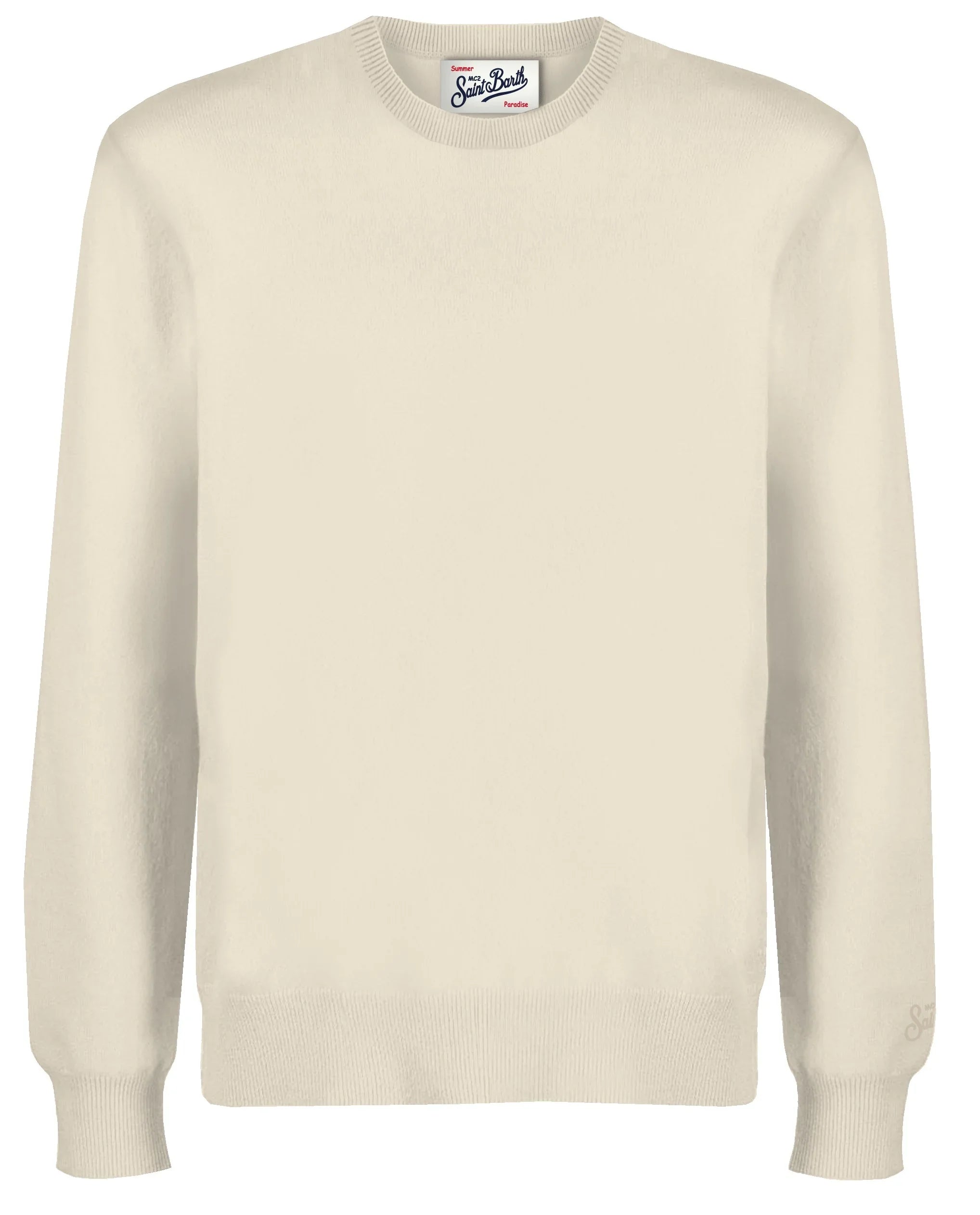 Maglione uomo in cotone beige chiaro girocollo, stile classico ed elegante.