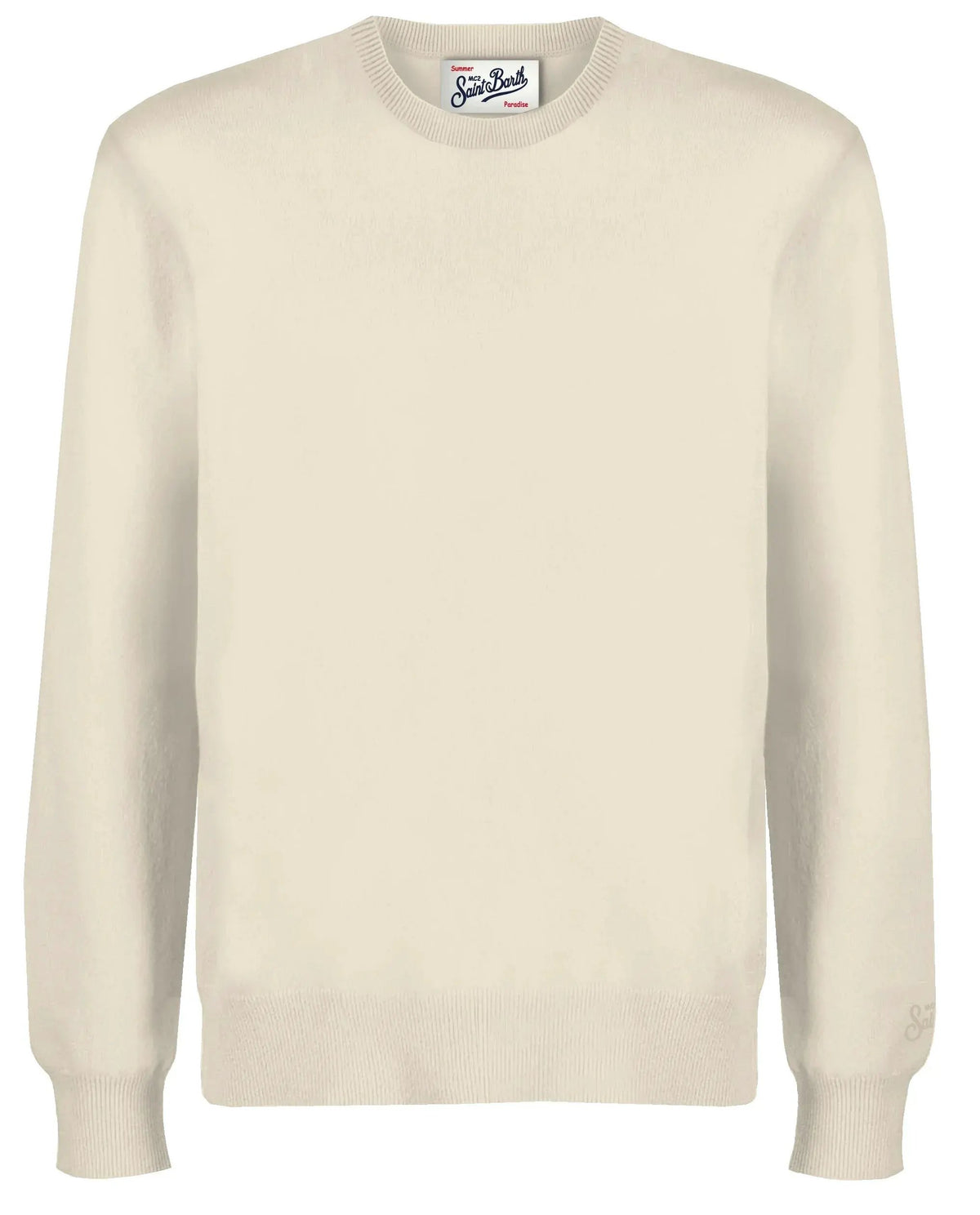 Maglione uomo in cotone beige chiaro girocollo, stile classico ed elegante.