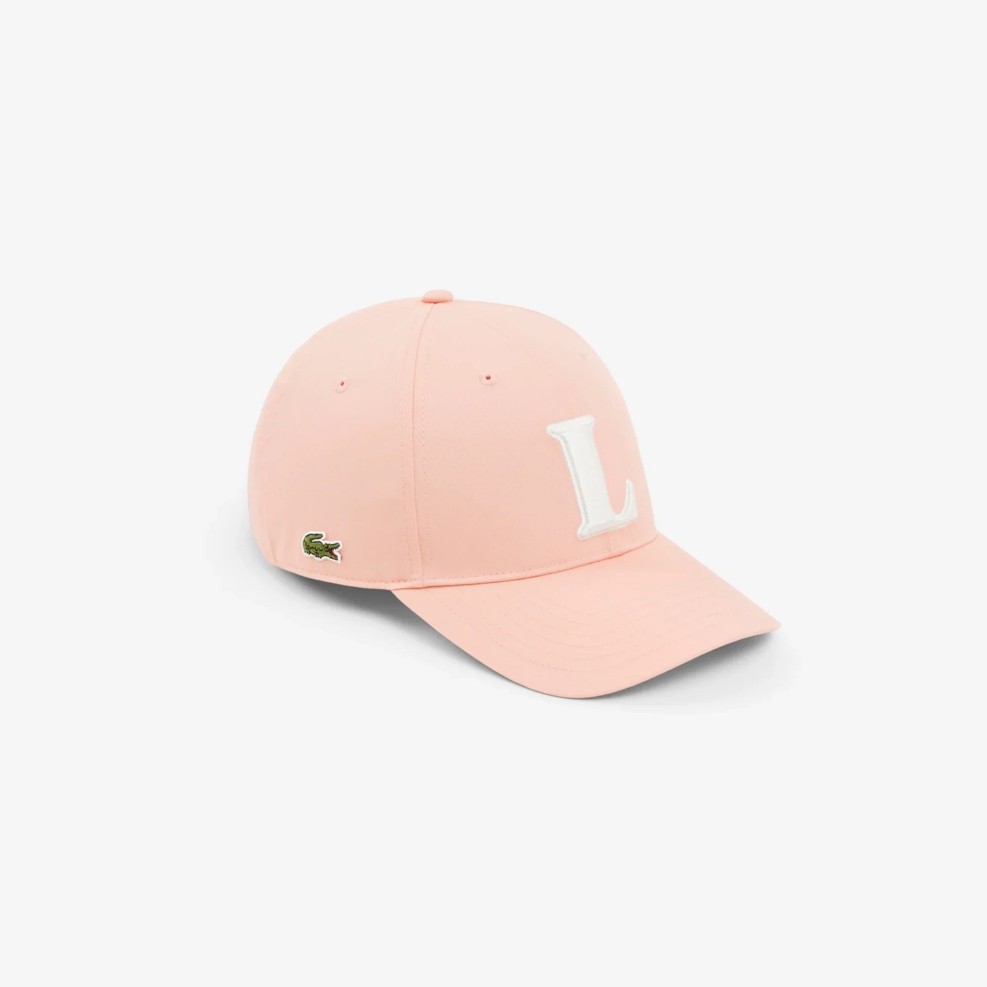 Cappellino rosa da uomo con visiera, lettera L bianca e logo laterale, stile casual