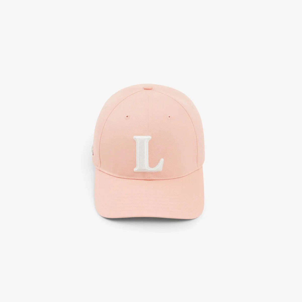 Cappellino rosa con visiera e lettera L bianca ricamata sul davanti, stile casual unisex.