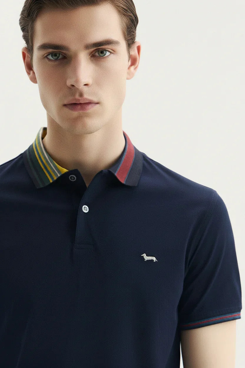 Camicia polo uomo blu scuro con colletto multicolore e logo cane ricamato, moda elegante