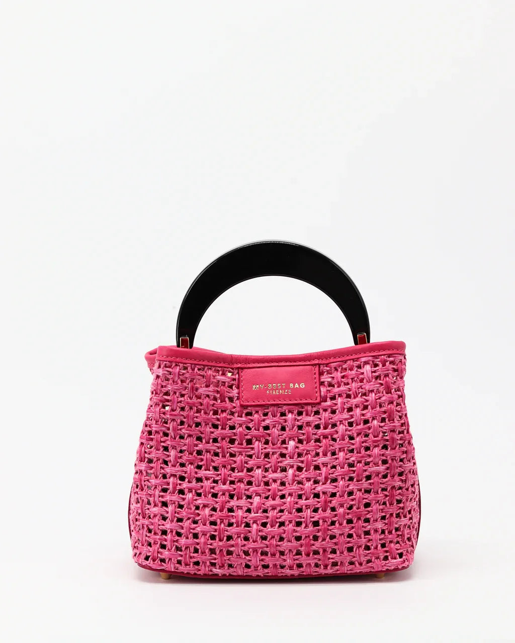 Borsa da donna intrecciata rosa con manico nero, elegante accessorio moda.