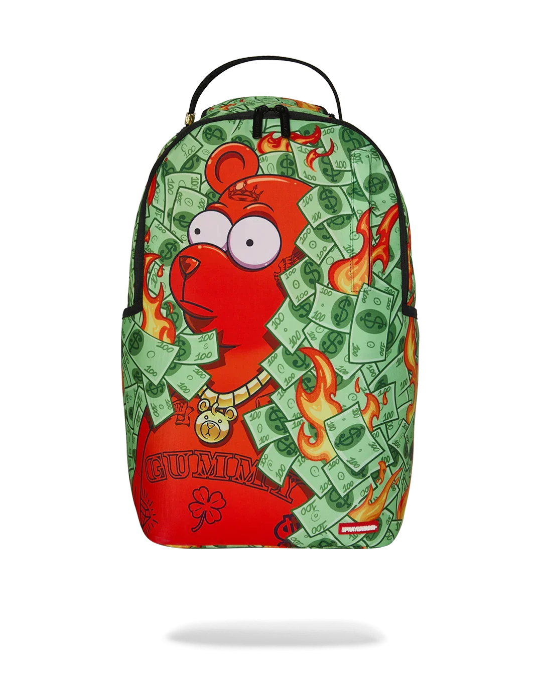 Zaino colorato con orso rosso, banconote verdi e fiamme, stile streetwear