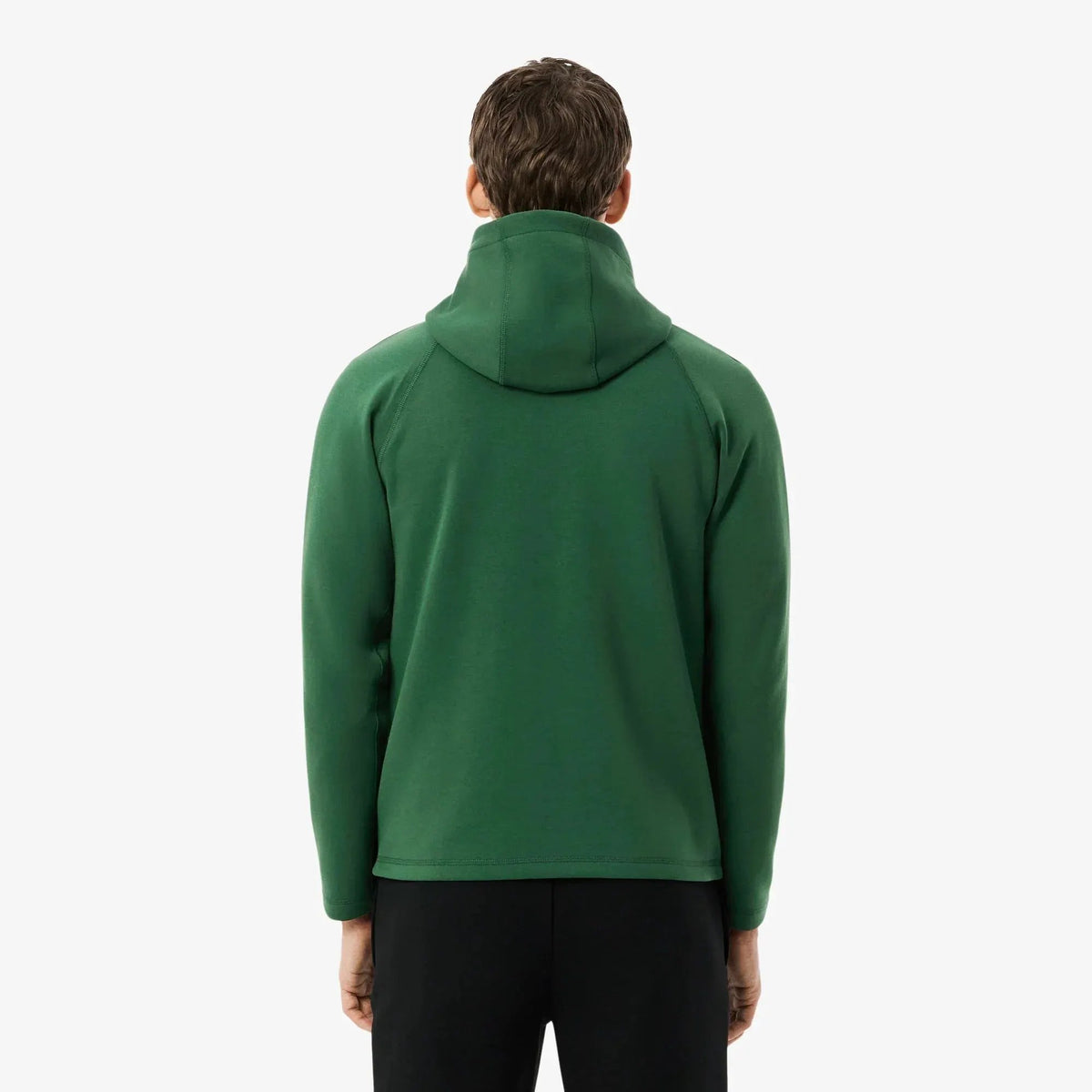 Felpa uomo verde con cappuccio vista posteriore, abbigliamento casual elegante