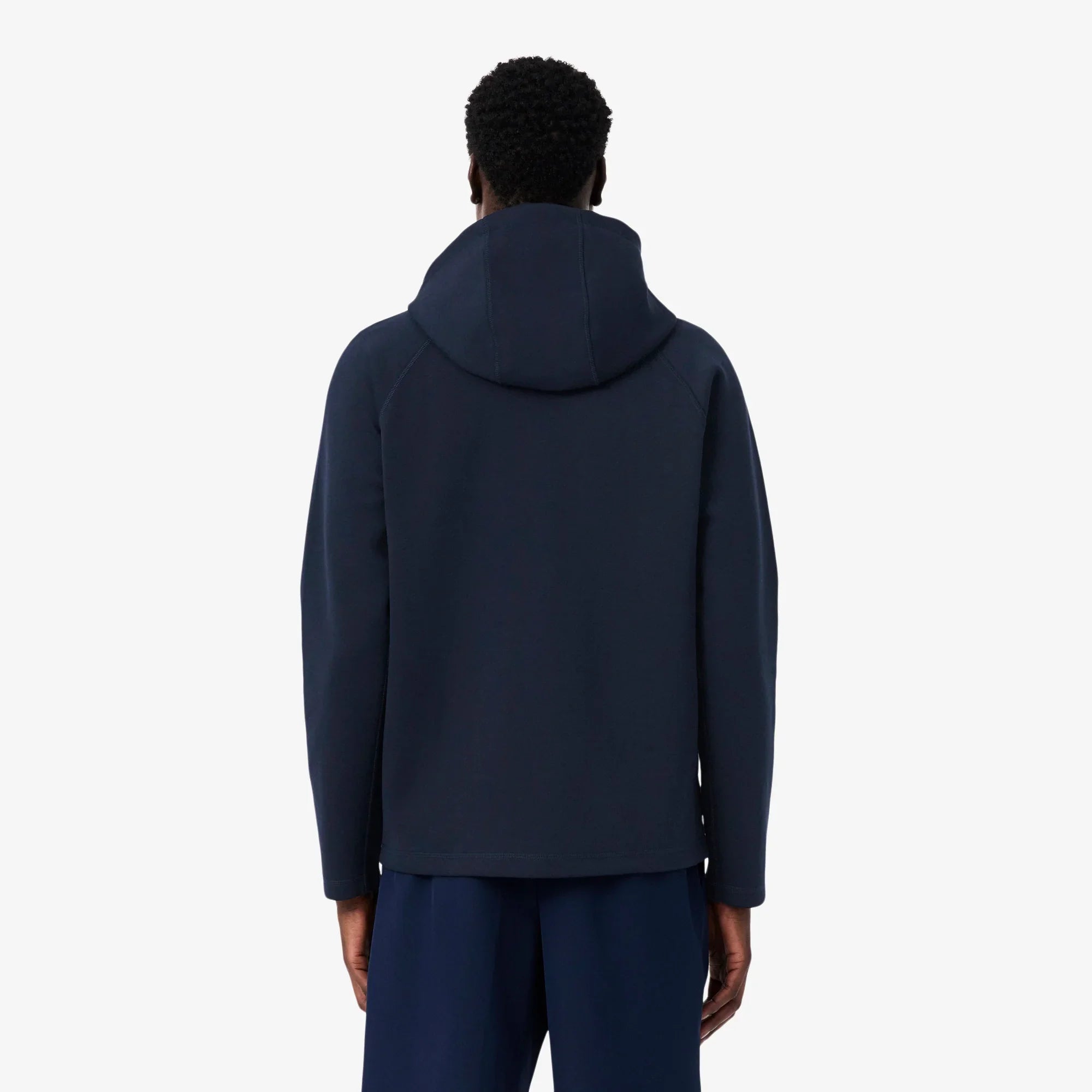 Felpa uomo blu con cappuccio vista posteriore, abbigliamento casual elegante