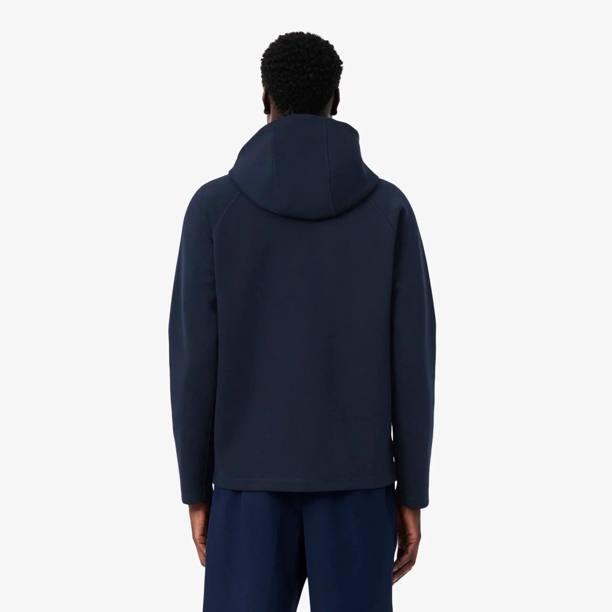 Felpa uomo blu con cappuccio vista posteriore, abbigliamento casual elegante