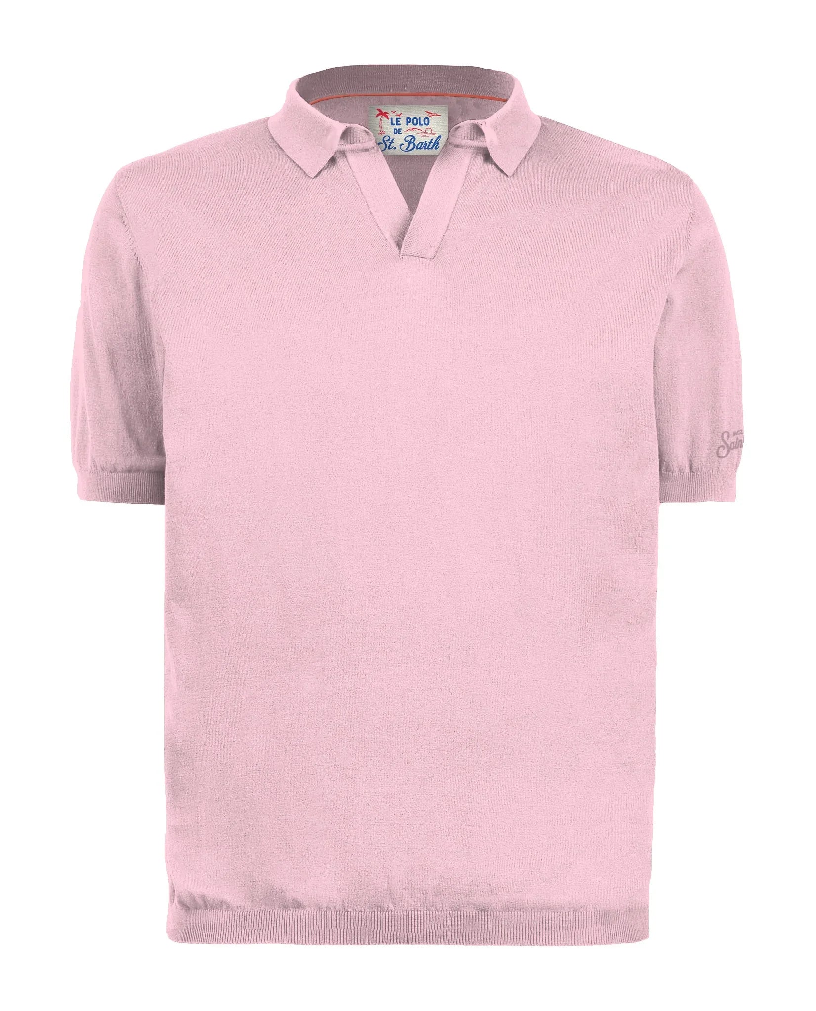 Polo da uomo in spugna rosa chiaro, maniche corte, colletto classico, moda primavera estate.