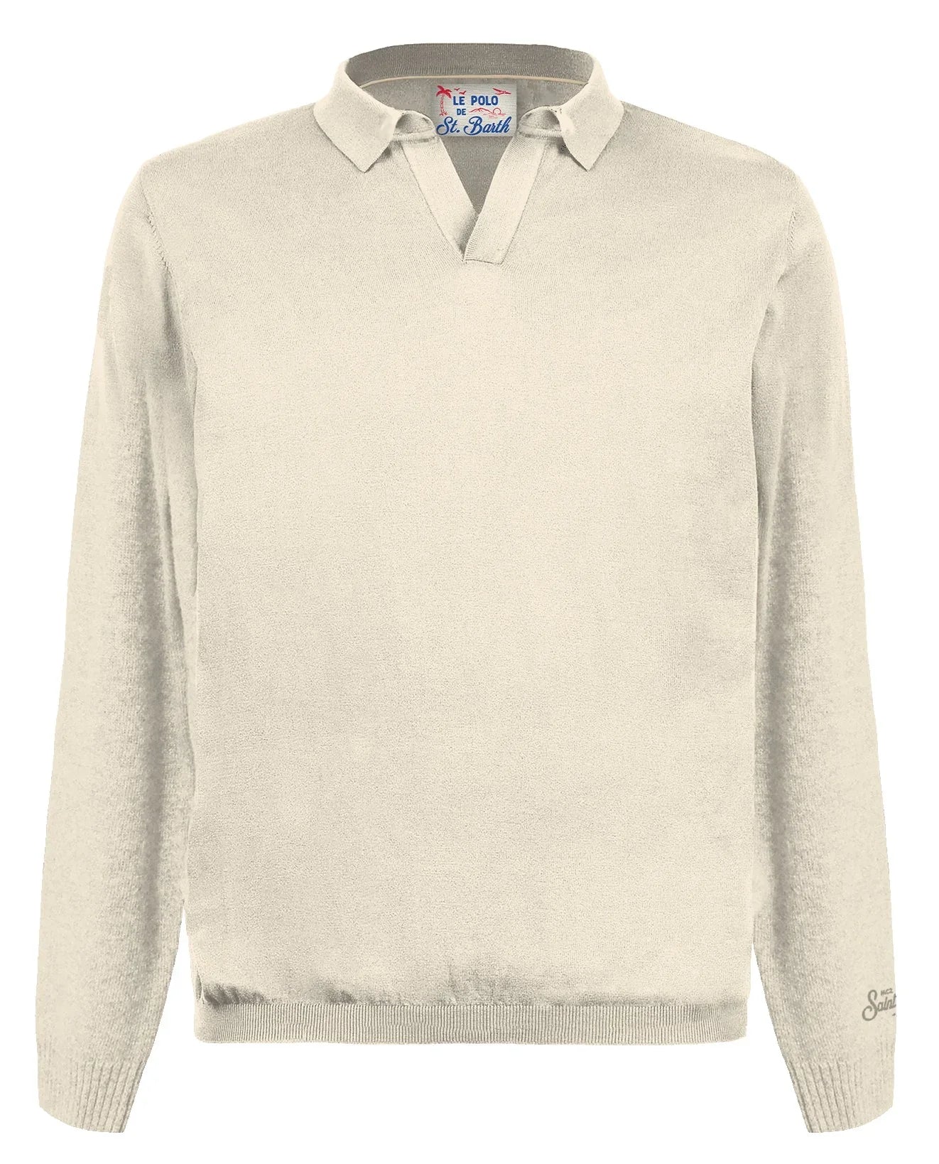 Maglione uomo cotone beige chiaro, collo polo, maniche lunghe, stile casual elegante