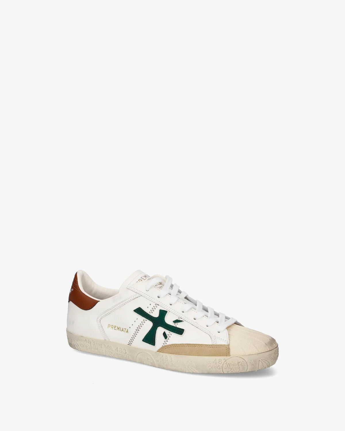 Sneaker uomo bianca con dettagli verdi e marroni, suola beige, stile casual