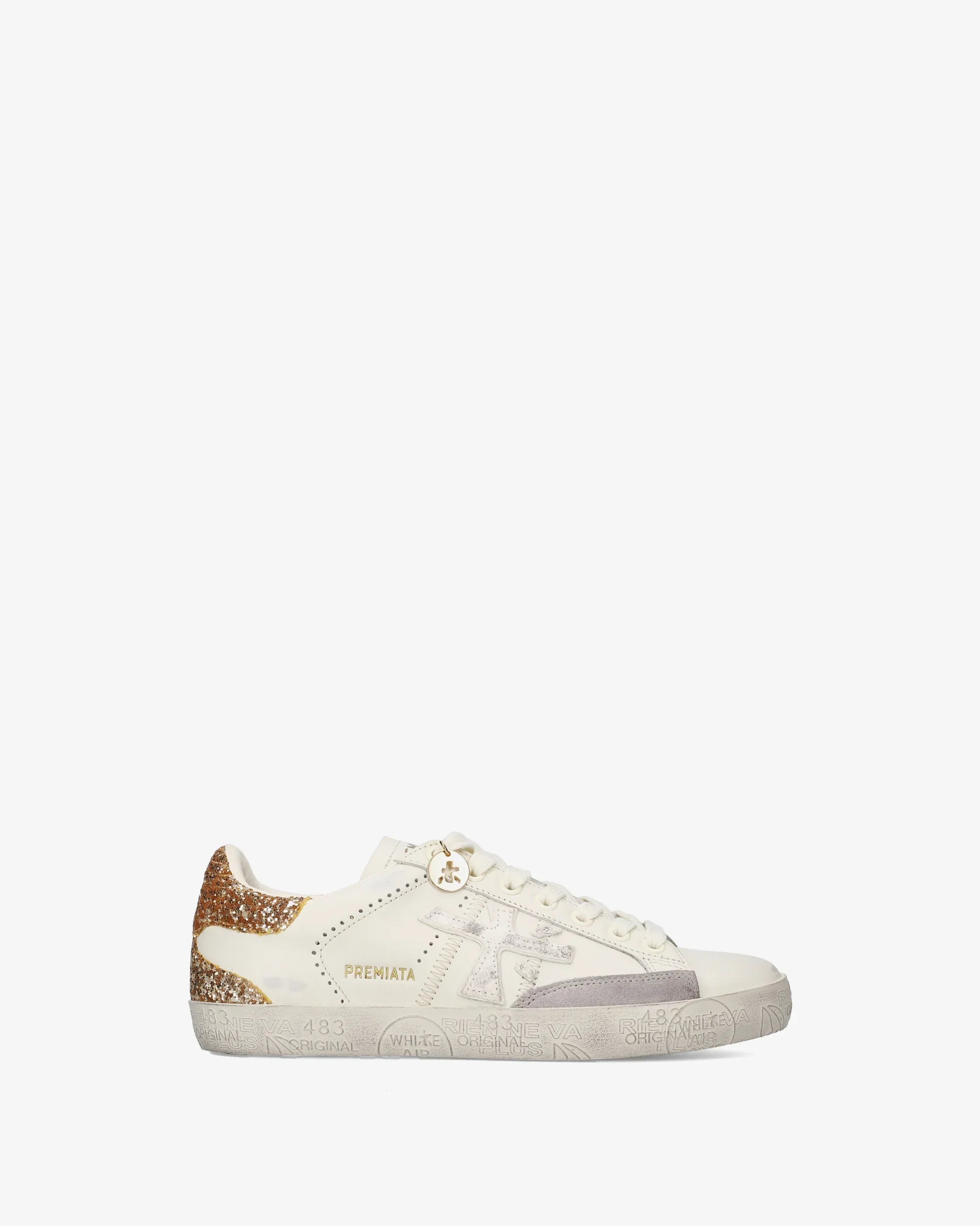 Sneaker donna bianca con dettagli glitter oro, suola in gomma, stile casual elegante