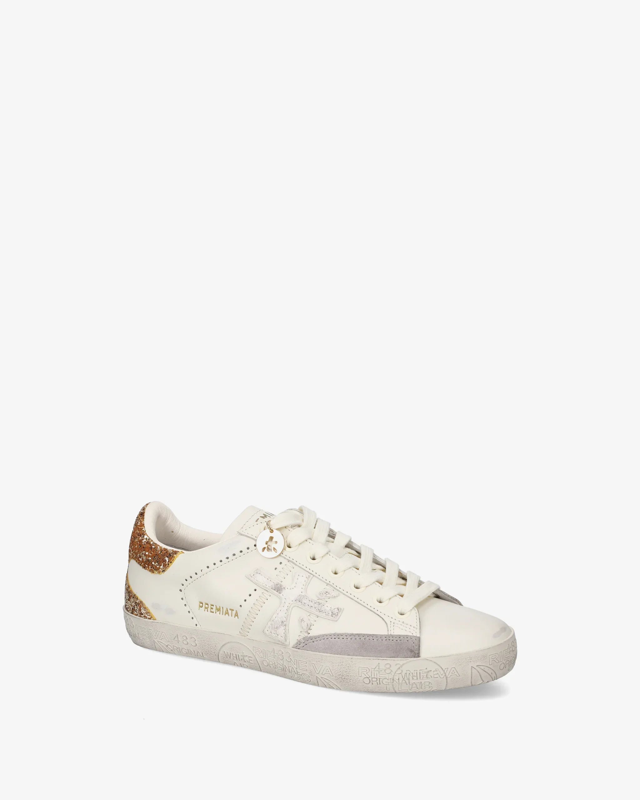 Sneaker donna bianca con dettagli glitter oro e logo Premiata, stile casual trendy