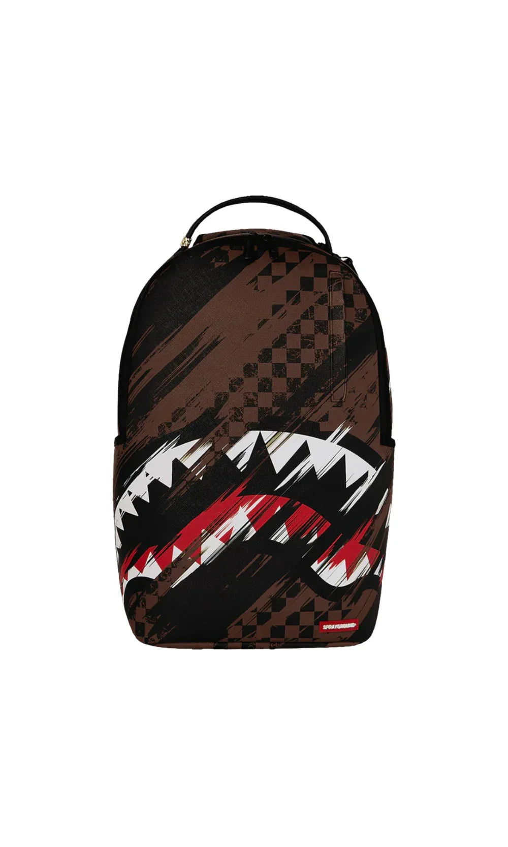 Zaino uomo marrone con fantasia geometrica e motivo denti Sprayground, stile urban fashion.
