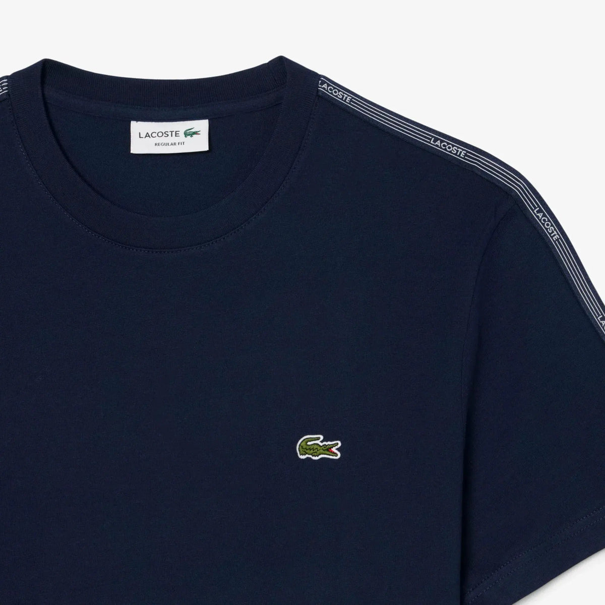 T-shirt uomo blu navy in cotone, logo ricamato sul petto, dettagli a righe sulle spalle
