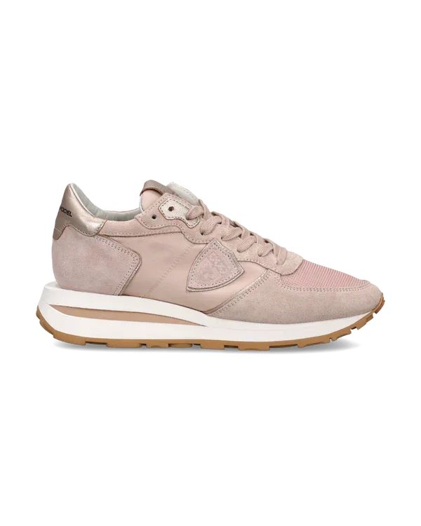 Sneaker donna beige e rosa chiaro in pelle e suede con suola spessa, stile casual elegante