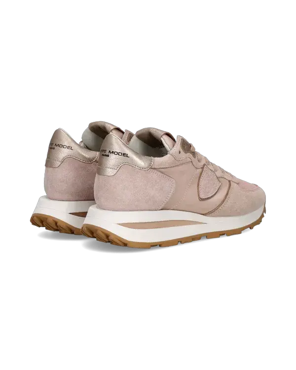Sneakers donna rosa beige in pelle e suede con dettagli dorati, suola alta, stile casual