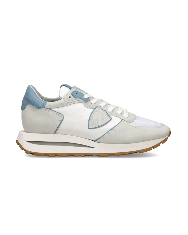 Sneaker uomo in pelle e tessuto bianco e azzurro, suola alta, stile sportivo casual.