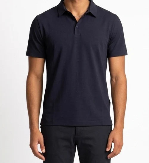 Camicia polo oxford HESKIMO HE1410003 BL, tessuto in cotone blu, con colletto e bottoni, vista frontale.