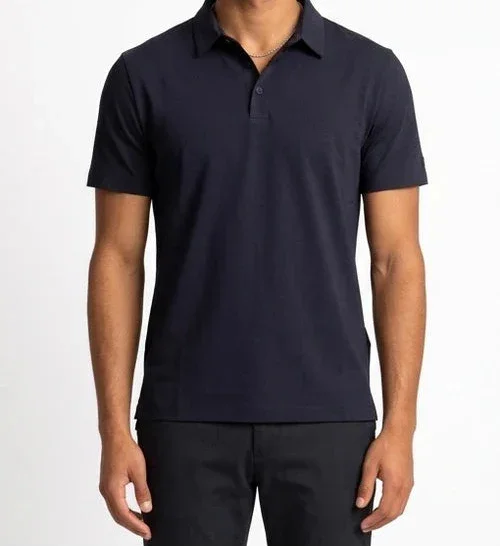 Polo uomo blu scuro a manica corta, stile elegante e casual, abbigliamento uomo.