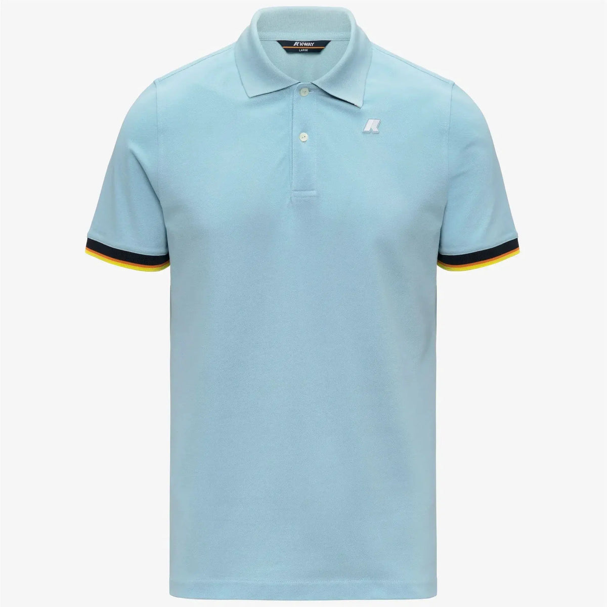 Polo uomo celeste in cotone con maniche corte, logo ricamato e dettagli a righe colorate