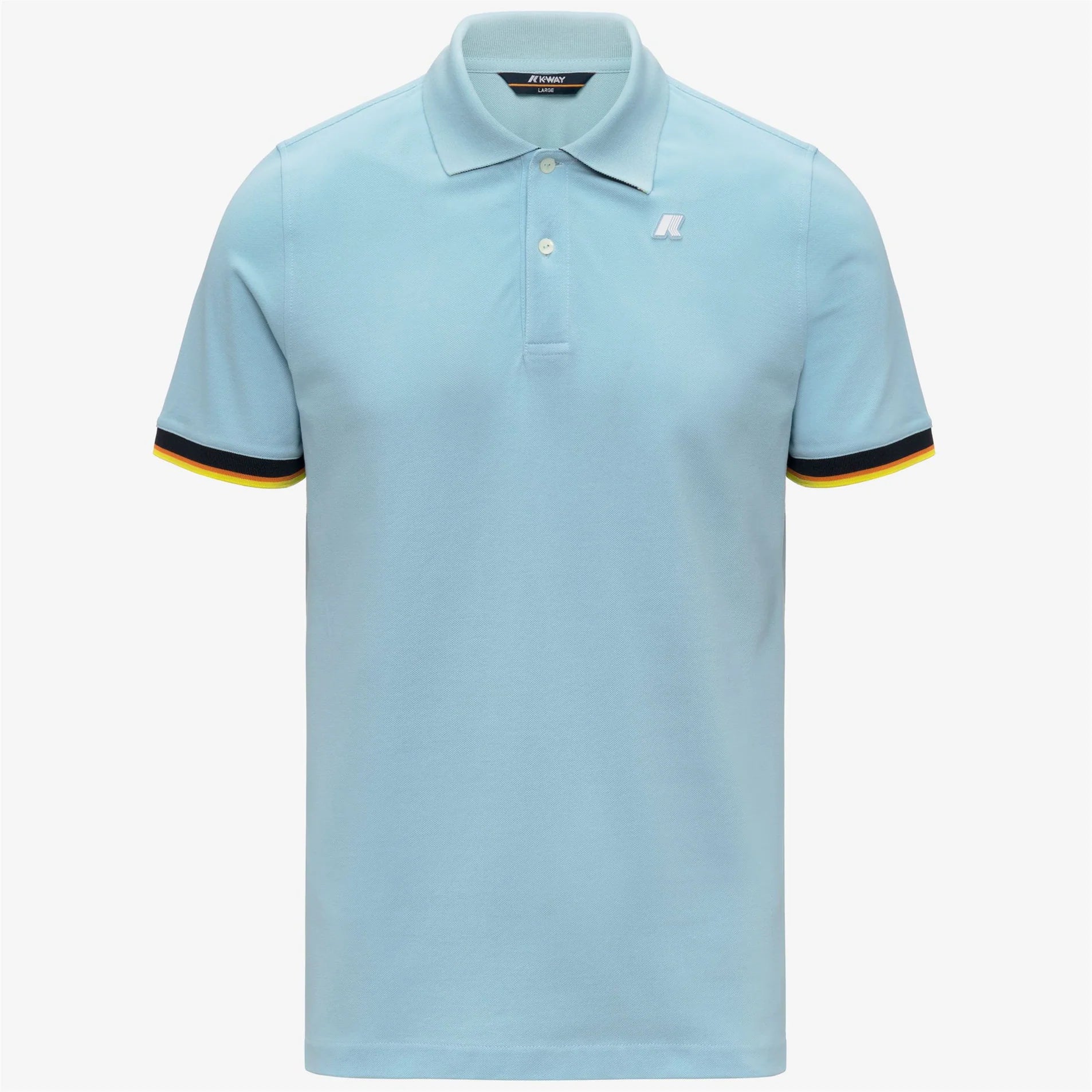 Polo uomo celeste in cotone con maniche corte, logo ricamato e dettagli a righe colorate