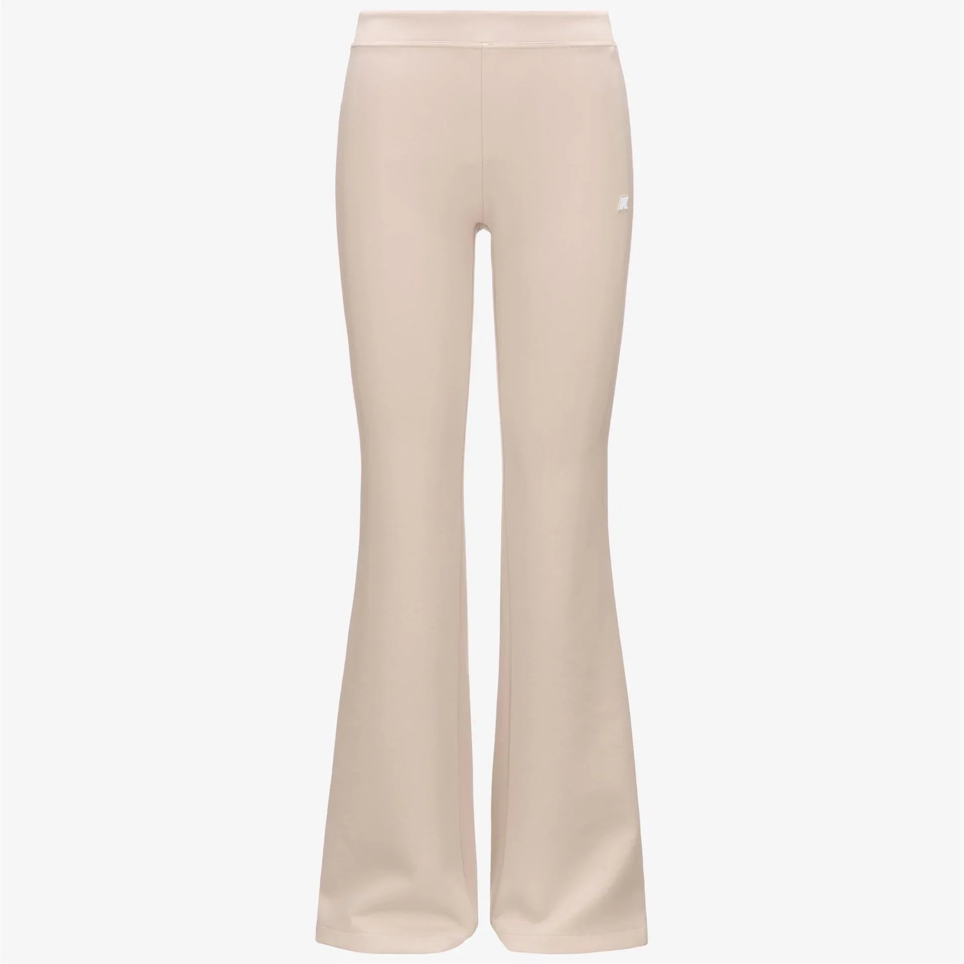 Pantaloni donna beige a zampa vita alta, tessuto elasticizzato, stile moderno