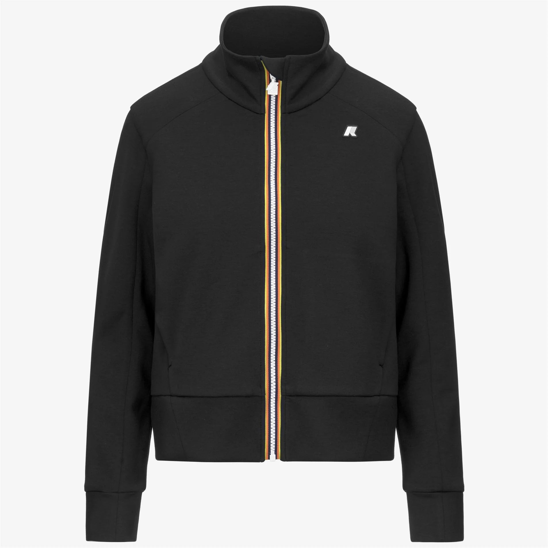 Giacca sportiva nera con zip centrale e dettagli tricolore, stile casual uomo