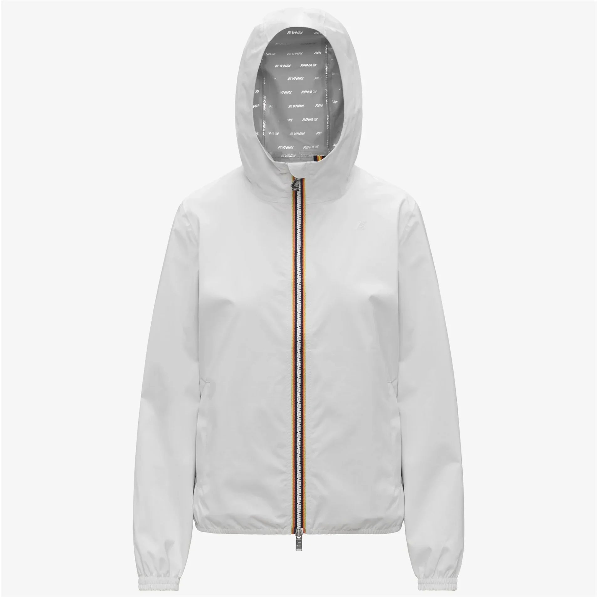 Giacca a vento bianca da donna con cappuccio e zip centrale, stile casual moderno.