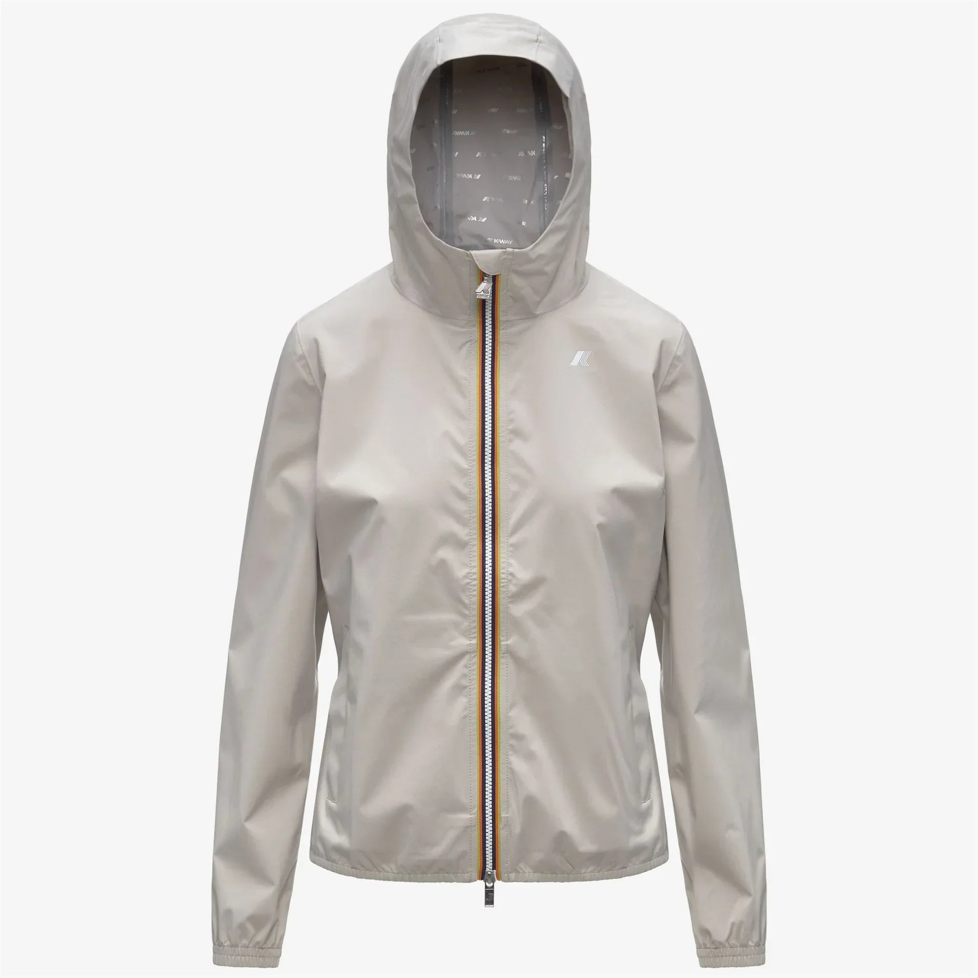 Giacca impermeabile donna beige chiaro con cappuccio e zip, abbigliamento donna elegante