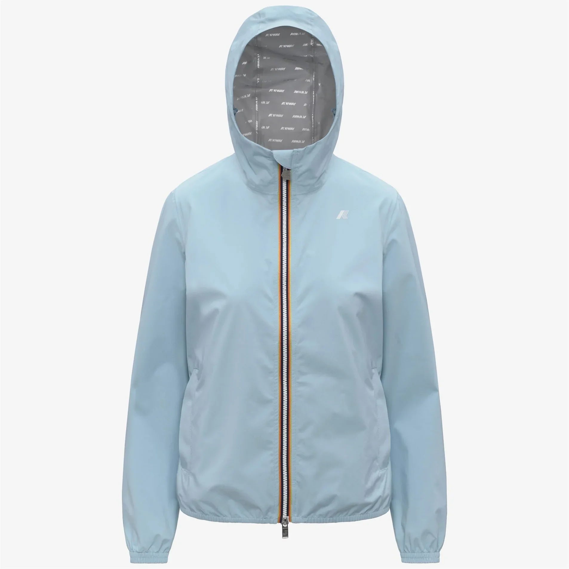 Giacca impermeabile azzurra da donna con cappuccio e zip, stile casual