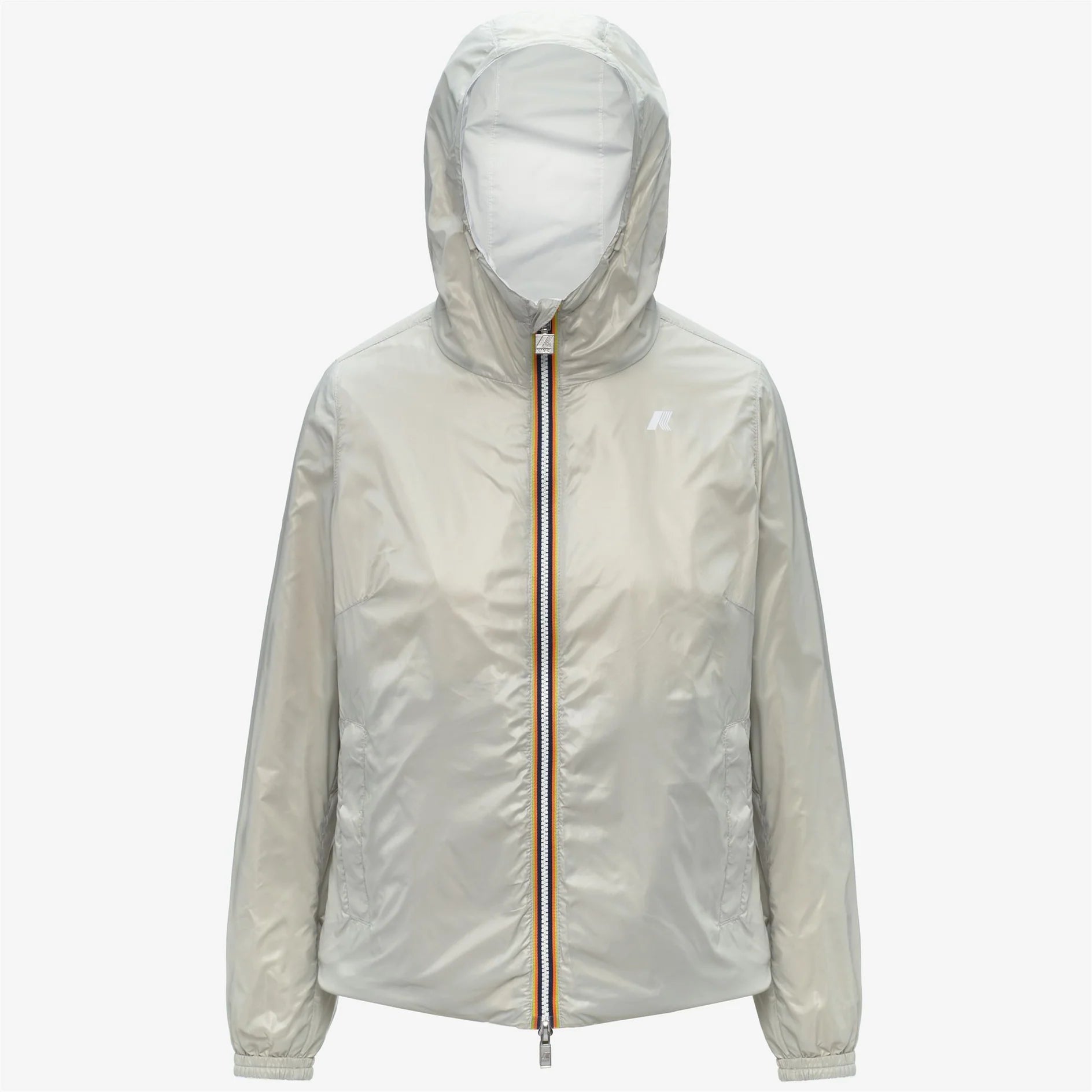 Giubbotto impermeabile donna color sabbia con cappuccio e zip frontale, stile casual