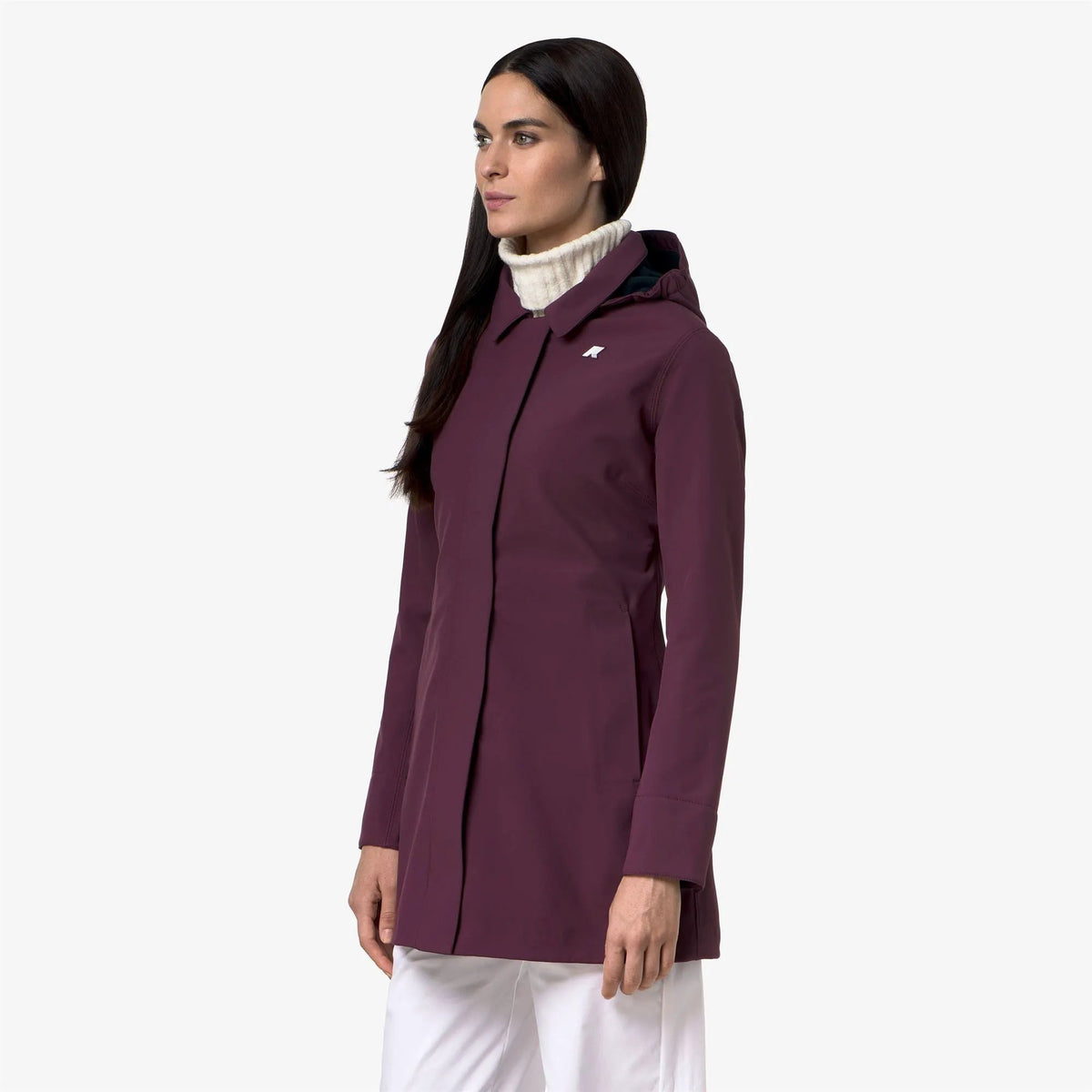 Giacca Mathy Bonded da donna, lunghezza 3/4, colore Violet Mauve Wine (codice D0R) - dettaglio cappuccio