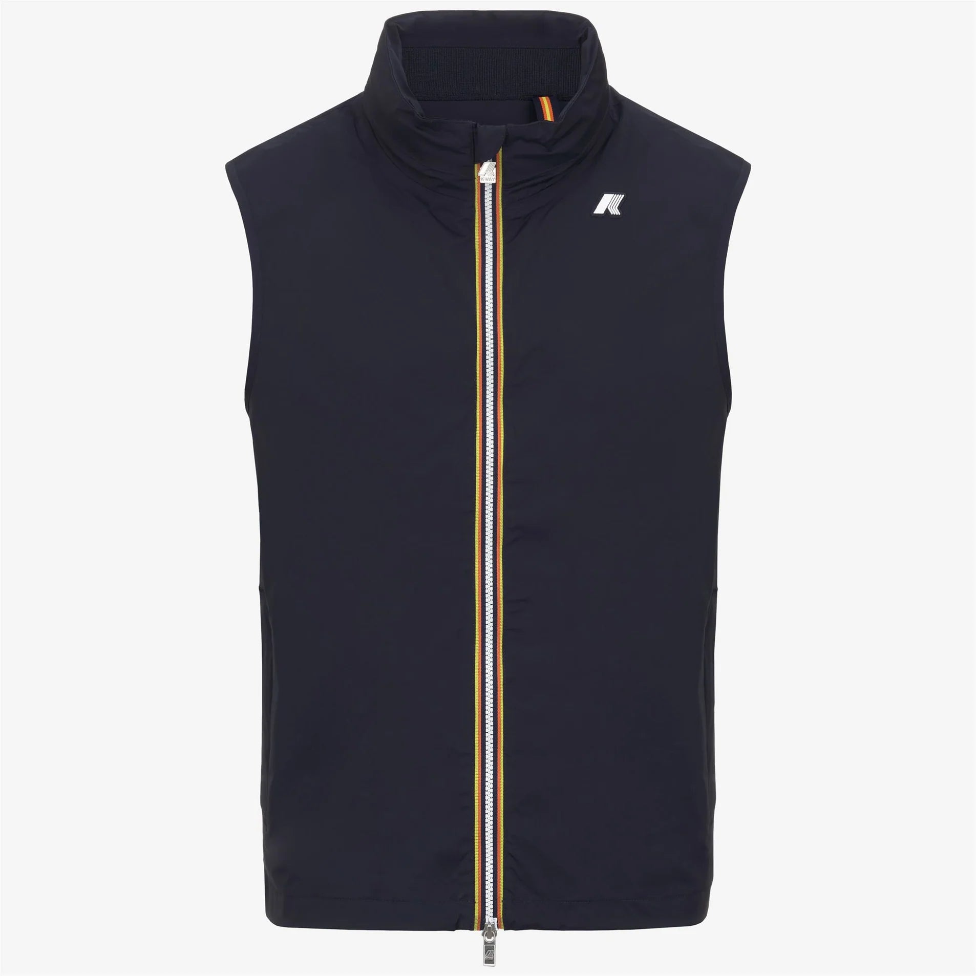 Gilet uomo blu senza maniche con zip frontale e collo alto, stile casual elegante